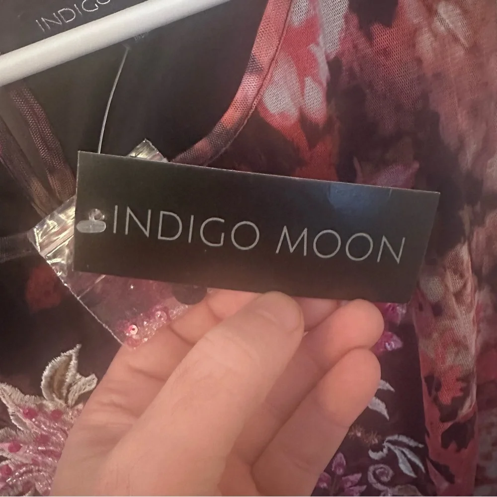 NWT Indigo Moon Floral Print Mesh Overlay Maxi Dress - Picture 4 of 6